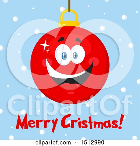 Clipart of a Merry Christmas Greeting and Happy Red Bauble Ornament Mascot Character over Snow - Royalty Free Vector Illustration by Hit Toon