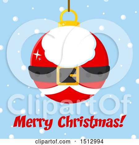 Clipart of a Merry Christmas Greeting and Santa Suit Christmas Bauble Ornament over Snow - Royalty Free Vector Illustration by Hit Toon