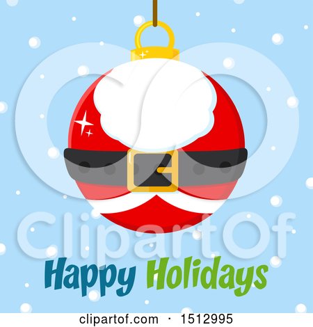 Clipart of a Happy Holidays Greeting and Santa Suit Christmas Bauble Ornament over Snow - Royalty Free Vector Illustration by Hit Toon