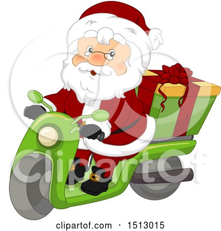 Clipart of a Christmas Santa Claus Delivering a Gift on a Scooter - Royalty Free Vector Illustration by BNP Design Studio