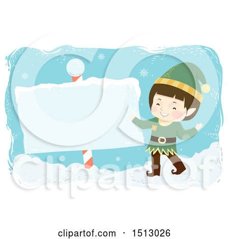 Clipart of a Boy Christmas Elf with a North Pole Sign - Royalty Free Vector Illustration by BNP Design Studio