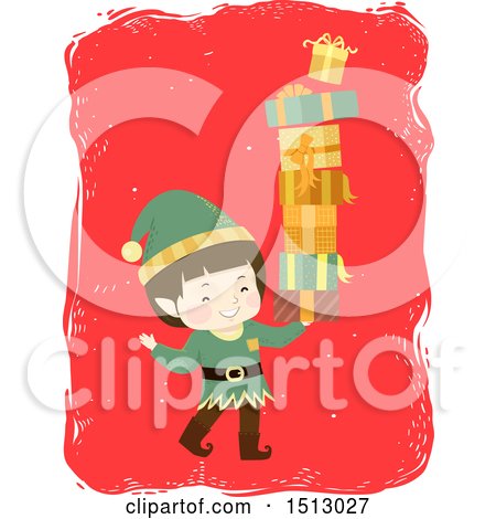 Clipart of a Boy Christmas Elf with a Tower of Gifts - Royalty Free Vector Illustration by BNP Design Studio