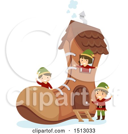 Clipart of a Group of Christmas Elf Kids in a Boot House - Royalty Free Vector Illustration by BNP Design Studio