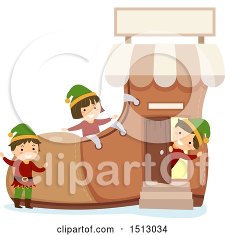 Clipart of a Group of Christmas Elf Kids in a Boot Shop - Royalty Free Vector Illustration by BNP Design Studio