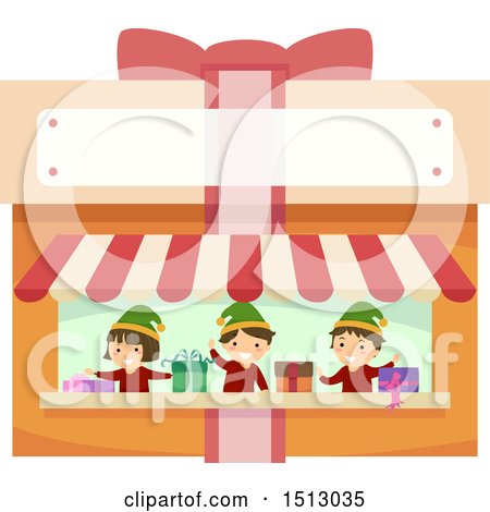 Clipart of a Group of Christmas Elf Kids in a Gift Wrapping Stand - Royalty Free Vector Illustration by BNP Design Studio