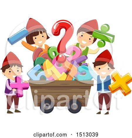 Clipart of a Group of Gnome Kids Around a Mining Cart Full of Numbers - Royalty Free Vector Illustration by BNP Design Studio