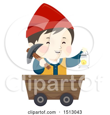 Clipart of a Boy Dwarf Miner in a Cart, Holding a Gas Lamp - Royalty Free Vector Illustration by BNP Design Studio