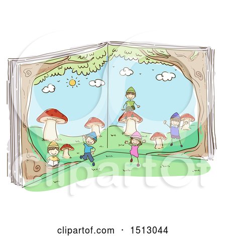 Clipart of a Sketched Group of Kid Dwarves Playing Around a Book - Royalty Free Vector Illustration by BNP Design Studio