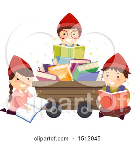 Clipart of a Group of Dwarf Kids Reading Around a Mining Cart - Royalty Free Vector Illustration by BNP Design Studio