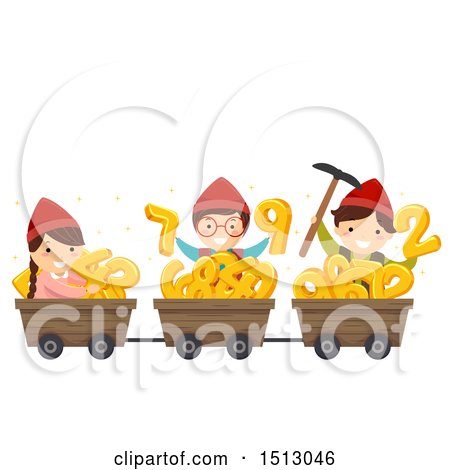 Clipart of a Group of Kid Dwarfs with Mining Carts Full of Numbers - Royalty Free Vector Illustration by BNP Design Studio