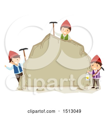 Clipart of a Group of Dwarf Kids Holding Picks and a Lantern Around a Boulder - Royalty Free Vector Illustration by BNP Design Studio