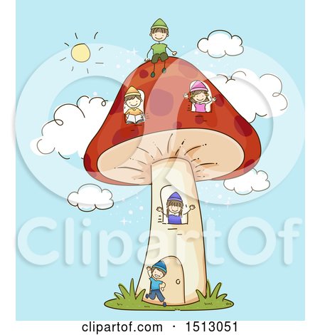 Clipart of a Sketched Group of Kid Dwarfs Playing on a Giant Mushroom - Royalty Free Vector Illustration by BNP Design Studio