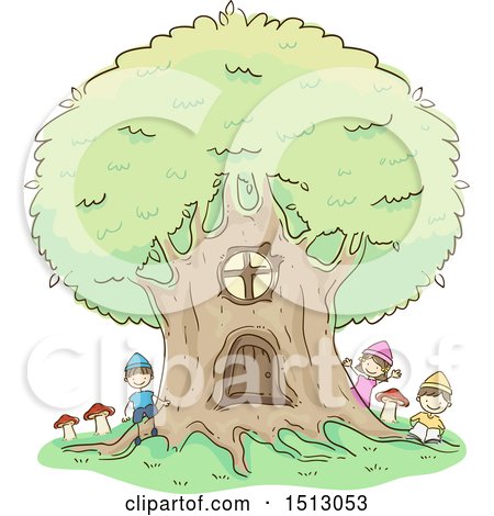Clipart of a Sketched Group of Kid Dwarfs Playing Around a Tree House - Royalty Free Vector Illustration by BNP Design Studio