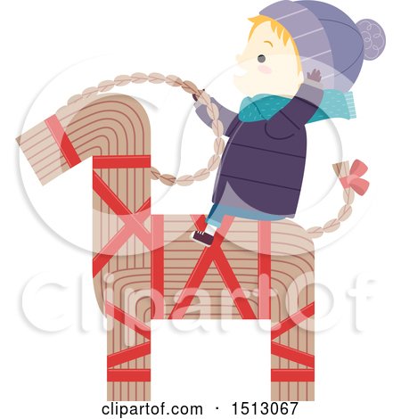 Clipart of a Winter Boy Riding a Straw Yule Goat - Royalty Free Vector Illustration by BNP Design Studio