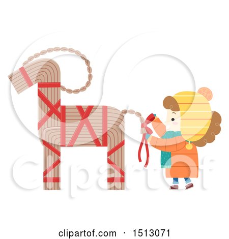 Clipart of a Girl Decorating a Straw Yule Goat - Royalty Free Vector Illustration by BNP Design Studio