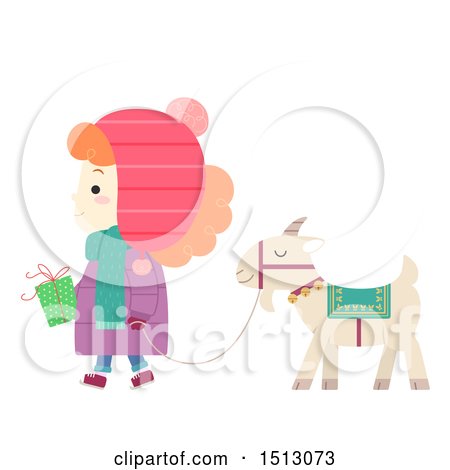 Clipart of a Girl Holding a Gift and Walking a Yule Goat - Royalty Free Vector Illustration by BNP Design Studio