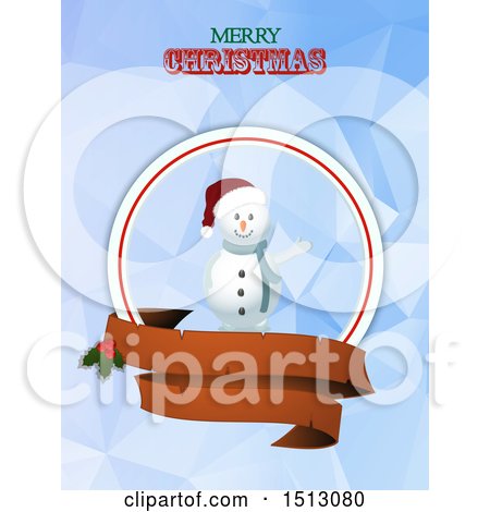 Clipart of a Merry Christmas Greeting with a Waving Snowman and Banners over Geometric - Royalty Free Vector Illustration by elaineitalia