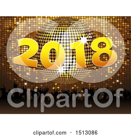 Clipart of a New Year 2018 Design with a Silhouetted Crowd and a 3d Disco Ball - Royalty Free Vector Illustration by elaineitalia