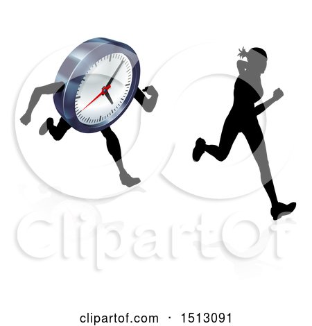 Clipart of a Silhouetted Woman Racing a Clock Character - Royalty Free Vector Illustration by AtStockIllustration