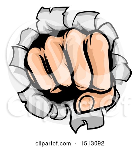 Clipart of a Cartoon Fisted Hand Punching a Hole Through a Wall - Royalty Free Vector Illustration by AtStockIllustration