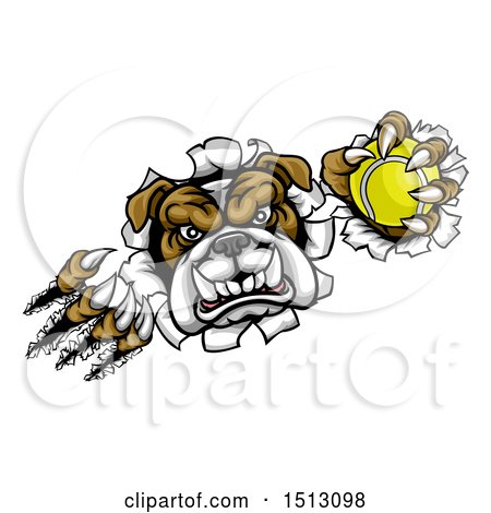 Clipart of a Tough Bulldog Monster Shredding Through a Wall with a Tennis Ball in One Hand - Royalty Free Vector Illustration by AtStockIllustration