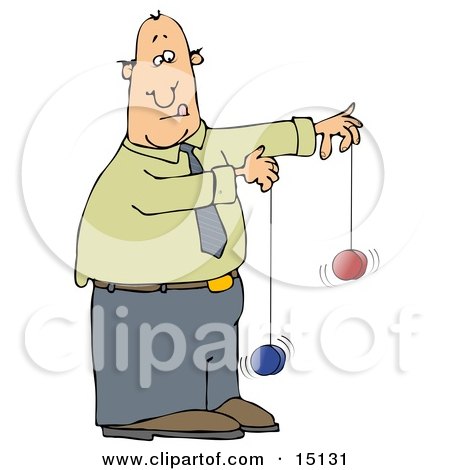 Focused Businessman In A Green Shirt, Blue Tie And Blue Pants, Trying To Use Two Yo-Yos At The Same Time Clipart Graphic by djart