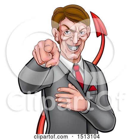 Clipart of a Cartoon Corrupt White Devil Business Man Pointing Outwards, from the Waist up - Royalty Free Vector Illustration by AtStockIllustration