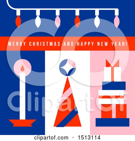 Clipart of a Merry Christmas and Happy New Year Greeting with Lights, a Candle, Tree and Gift Tower - Royalty Free Vector Illustration by elena