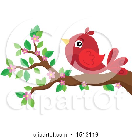 Clipart of a Red Bird Perched on a Spring Blossom Branch - Royalty Free Vector Illustration by visekart