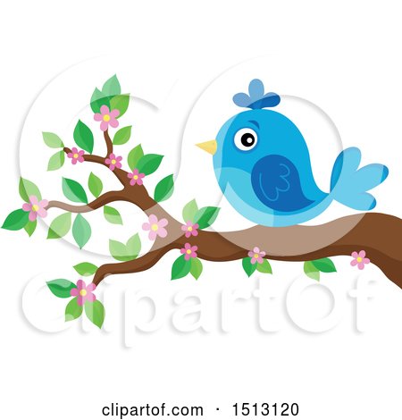 Clipart of a Blue Bird Perched on a Spring Blossom Branch - Royalty Free Vector Illustration by visekart