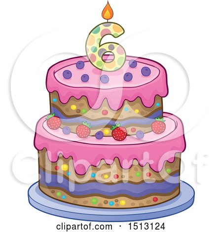 Clipart of a Layered Sixth Birthday Party Cake - Royalty Free Vector Illustration by visekart