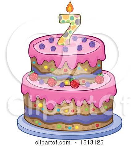 Clipart of a Layered Seventh Birthday Party Cake - Royalty Free Vector Illustration by visekart