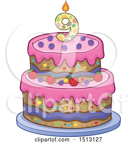Clipart of a Layered Ninth Birthday Party Cake - Royalty Free Vector Illustration by visekart