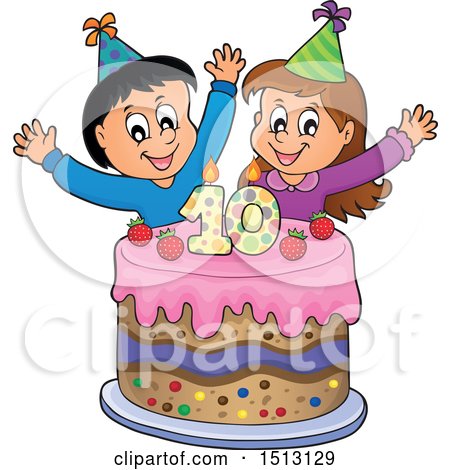 Clipart of a Boy and Girl Celebrating at a Tenth Birthday Party with a Cake - Royalty Free Vector Illustration by visekart