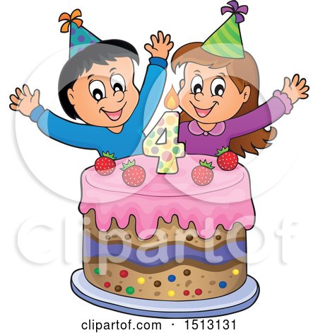 Clipart of a Boy and Girl Celebrating at a Fourth Birthday Party with a Cake - Royalty Free Vector Illustration by visekart