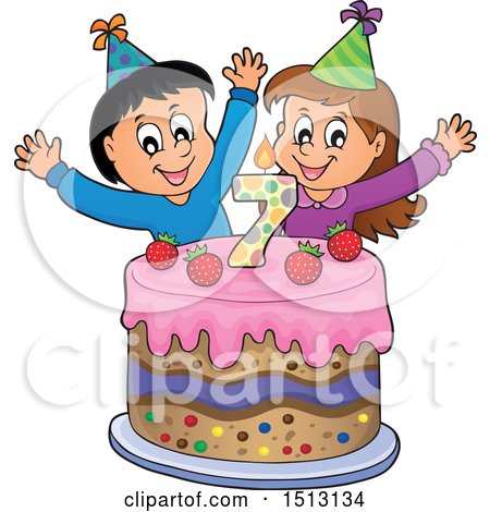 Clipart of a Boy and Girl Celebrating at a Seventh Birthday Party with a Cake - Royalty Free Vector Illustration by visekart