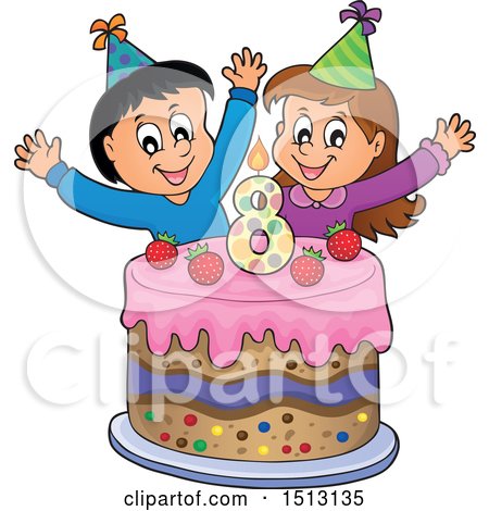 Clipart of a Boy and Girl Celebrating at a Eighth Birthday Party with a Cake - Royalty Free Vector Illustration by visekart