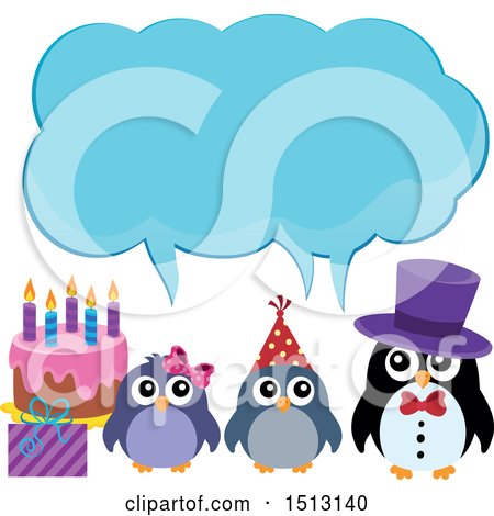 Clipart of a Penguin Family with a Birthday Gift and Cake Under an Ice Speech Balloon - Royalty Free Vector Illustration by visekart