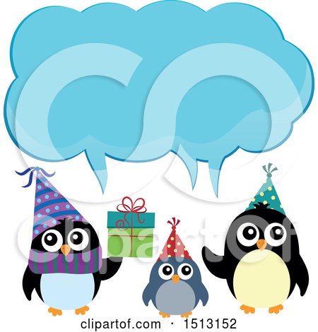 Clipart of a Penguin Family with a Christmas Gift Under an Ice Speech Balloon - Royalty Free Vector Illustration by visekart