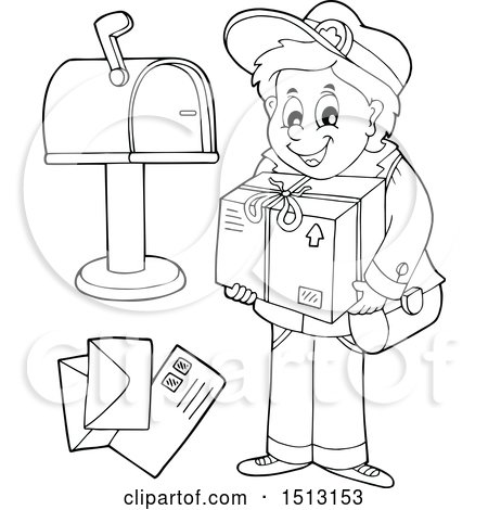 Clipart of a Black and White Happy Mail Man with Letters, a Package and Mailbox - Royalty Free Vector Illustration by visekart
