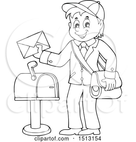 Clipart of a Black and White Happy Mail Man Holding an Envelope over a Mailbox - Royalty Free Vector Illustration by visekart