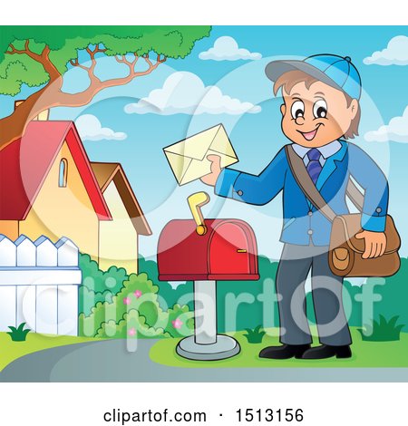 Clipart of a Happy Mail Man Holding an Envelope over a Mailbox - Royalty Free Vector Illustration by visekart