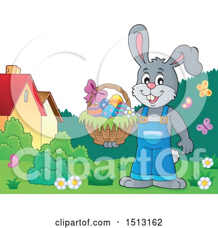 Clipart of a Happy Bunny Rabbit Holding an Easter Basket - Royalty Free Vector Illustration by visekart