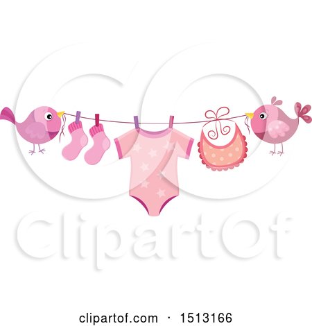 Clipart of a Pair of Birds Holding a Clothesline with a Pink Baby Girl Onesie, Socks and Bib - Royalty Free Vector Illustration by visekart