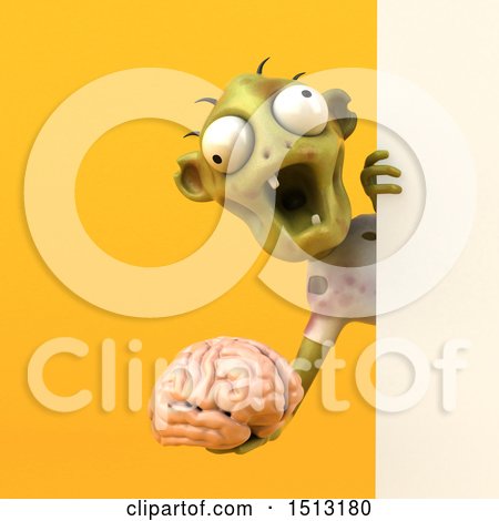 Clipart of a 3d Zombie Holding a Brain, on a Yellow Background