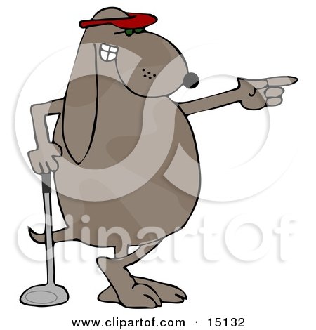 Pro-Golfing Dog Wearing A Red Visor Hat And Standing With His Ankles Crossed While Leaning On A Golf Club And Pointing Graphic Clipart by djart