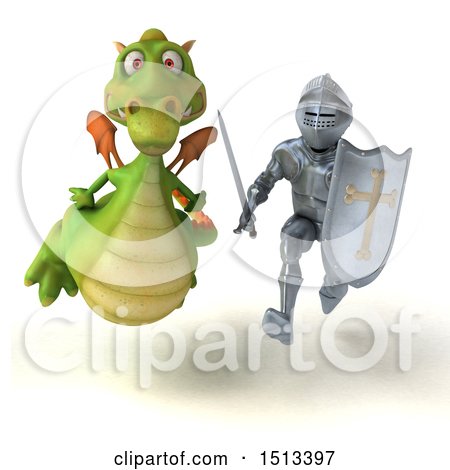 Clipart of a 3d Armored Knight Chasing a Green Dragon, on a White Background - Royalty Free Illustration by Julos