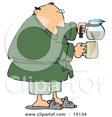 Tired Man Just Waking Up In The Morning, Wearing Slippers, Pajamas And A Green Robe, Holding A Coffee Pot And A Mug Clipart Graphic by djart