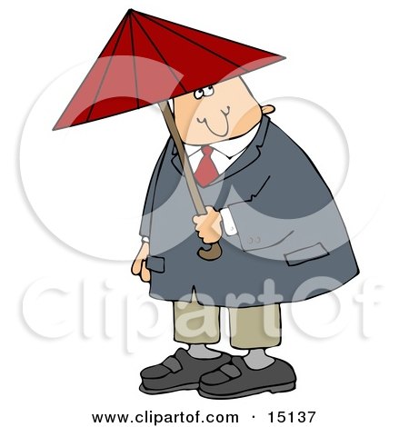 Caucasian Businessman In A Red Tie, Blue Jacket And Tan Pants, Holding A Red Umbrella And Looking Both Ways Before Crossing A Street Clipart Graphic by djart