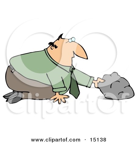 Businessman In A Green Shirt And Tie, Kneeling To Look And See What He Can Discover Under A Rock Clipart Graphic by djart
